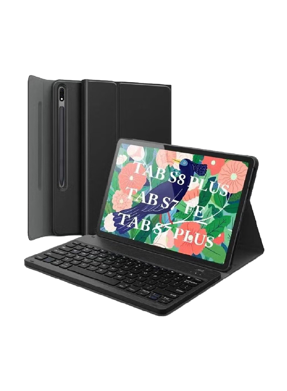 Gennext Detachable Type-C Rechargeable PU Leather Stand Cover with Keyboard for Galaxy Tab S8+/S7 FE/S7+/2020, Tab S7 FE 2021, Tab S8 Plus 2022, Black