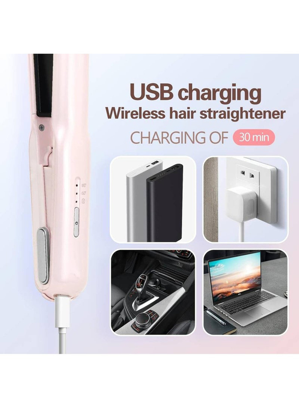 Gennext 2-In-1 Flat Iron Hair Straightener USB Rechargeable Cordless with LCD Display, Pink