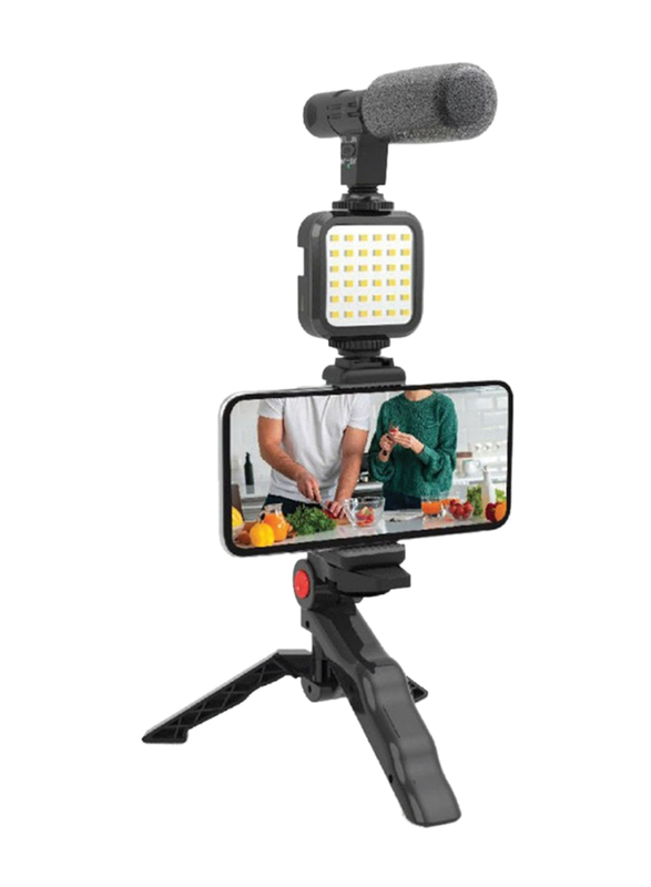 Vlogging Kit with Fill Light, Microphone & Tripod Phone Clip, Black