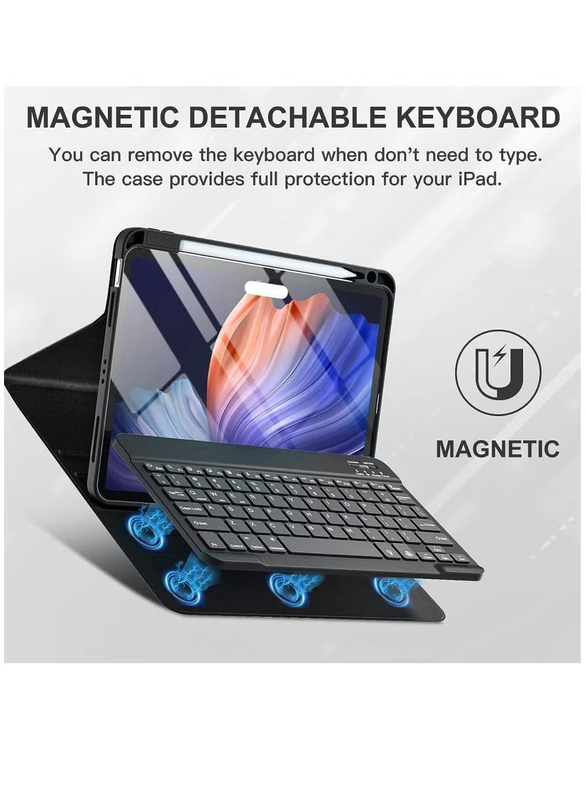 Gennext Detachable Wireless Bluetooth English Trackpad Keyboard iPad Keyboard Case Smart Folio Cover With Pencil Holder for Apple iPad Air 5 Generation 10.9 Inch 2022, Black