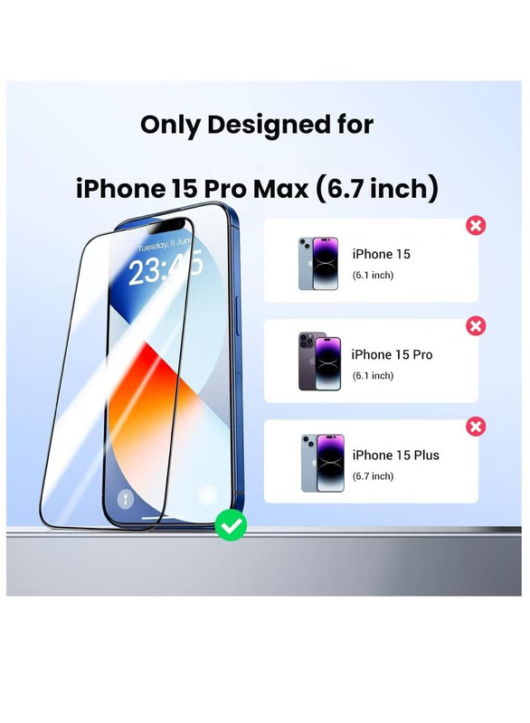 Apple iPhone 15 Pro Max Anti-Fingerprint Bubble Free HD Clear Easy Installation 9H Tempered Glass Screen Protector, 2 Pieces, Clear