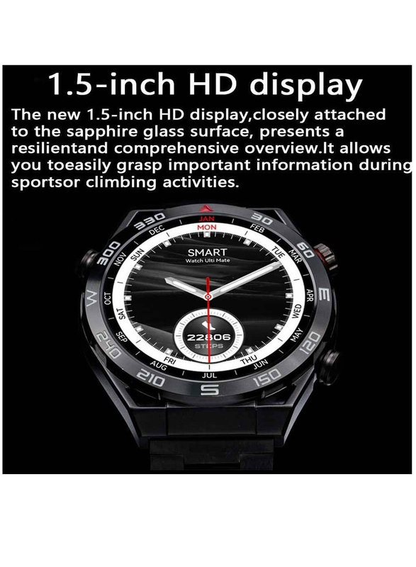 1.5-inch HD Touch Screen Waterproof Sport Fitness Bluetooth Calls Stainless Steel Smartwatch, Black