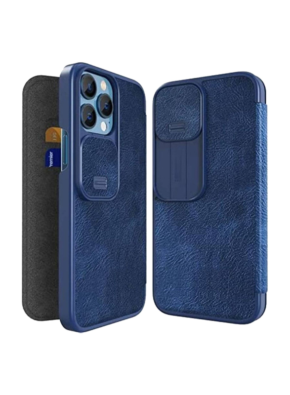 Nillkin Apple iPhone 13 Pro Qin Pro Flip Leather Wallet Mobile Phone Case Cover with Card Holder & Slide Camera Protection, Blue