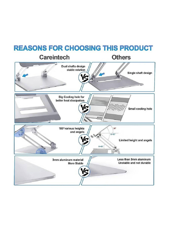 Gennext Adjustable Height Multi-Angle Ergonomic Aluminium Holder with Heat-Vent Laptop Stand with Stable Heavy Base for Desk/PC/Laptop, Silver