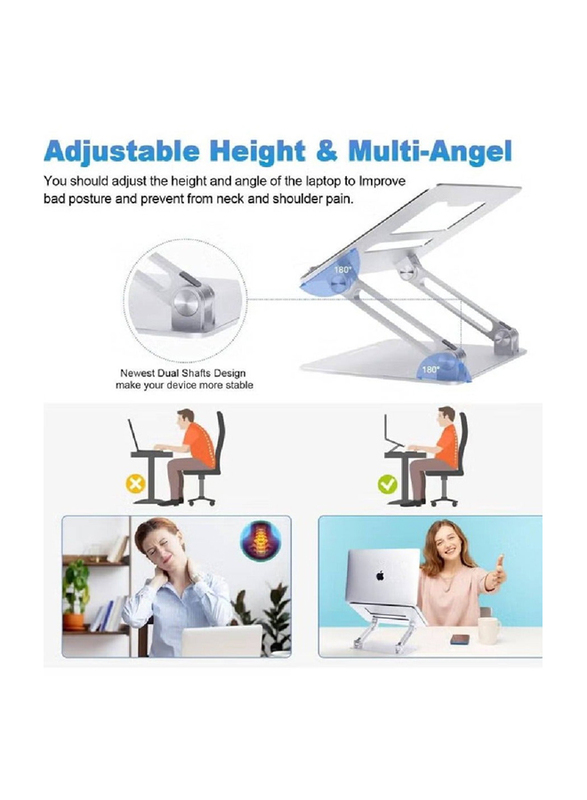 Gennext Adjustable Height Multi-Angle Ergonomic Aluminium Holder with Heat-Vent Laptop Stand with Stable Heavy Base for Desk/PC/Laptop, Silver