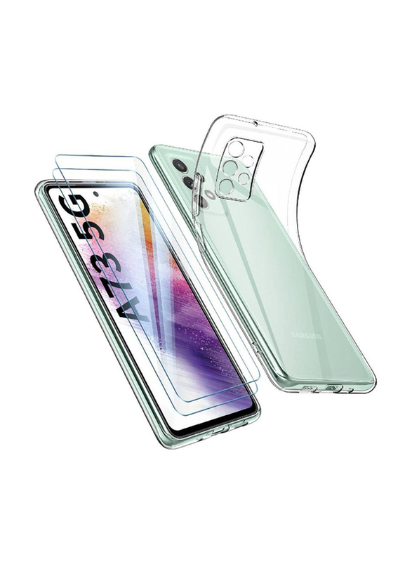Zoomee Samsung Galaxy A73 5G Protective Soft Silicone Slim TPU Anti-Scratch Camera Protection Case Cover with 2 Piece Tempered Glass Screen Protector, Clear