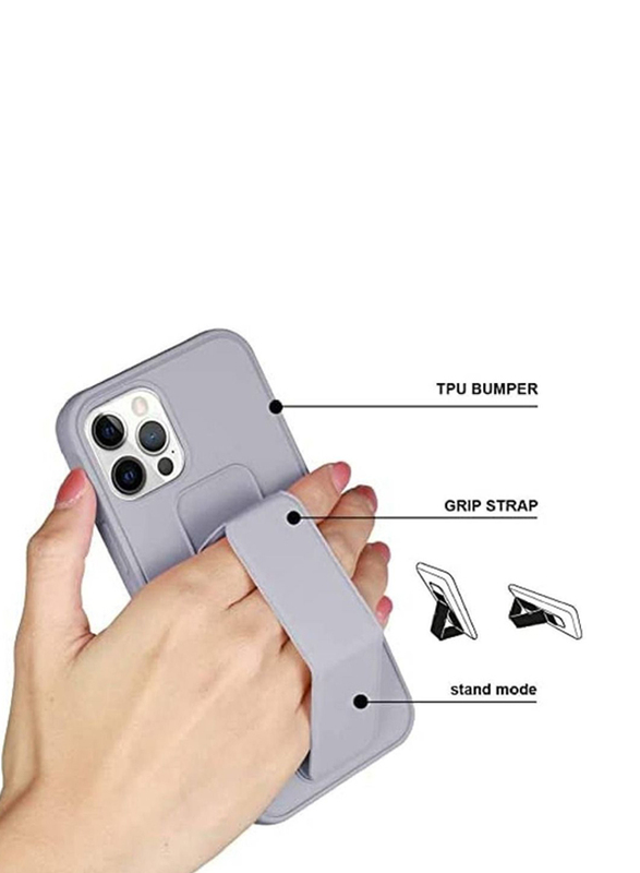 Apple iPhone 13 Pro Magnetic Foldable Back Stand Mobile Phone Case Cover with Finger Strap & Hand Grip, Grey