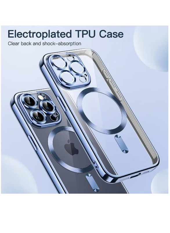 Apple iPhone 15 Pro Max Camera Lens Full Protection With MagSafe Wireless Charging Electroplated Shockproof Soft TPU Mobile Phone Case Cover, Blue