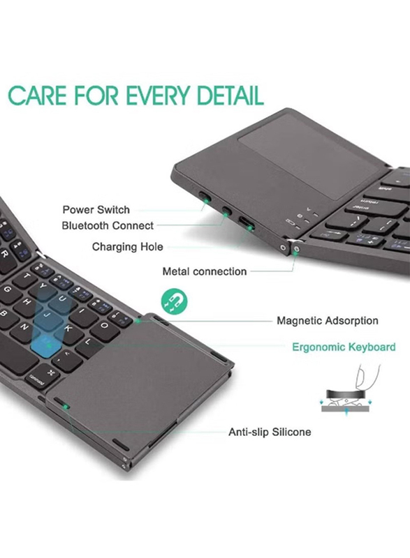 Foldable Bluetooth Rechargeable Portable Wireless Keyboard with Touchpad for iPhone 12 Pro Max, Tablet, iPad, SmartPhone, Black