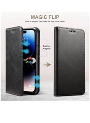 Apple iPhone 15 Pro 6.1 Inch Protective Leather Kickstand Wallet Case Card Holder & Phone Grip Mobile Phone Case Cover, Black