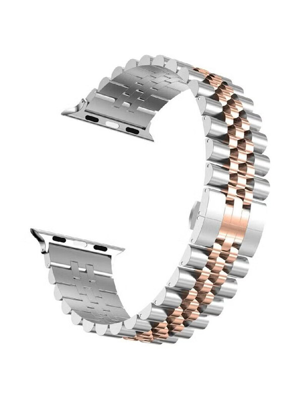 Gennext Stainless Steel Heavy Band with Butterfly Folding Clasp for Apple iWatch Series8/7/6/SE Series 5/4/3, Silver/Rose Gold