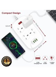 Gennext 18W 4 Way Power Extension Cord, 4 USB Fast Charging Ports, 4 UK Plugs Power Strip with 2-Meter Cable Surge Protector QC3.0, White