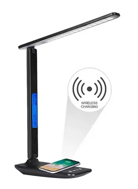 

Zoomee Wireless Charging LED Desk Lamp with Calendar, Temperature & Alarm Clock, Black
