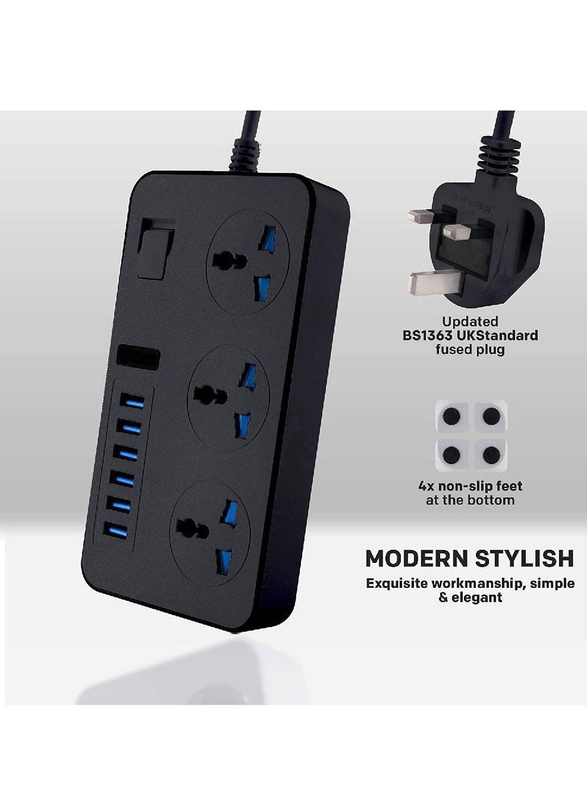 Gennext Universal Power Strips Wall Charger with 3-Way Outlets and 6-USB Plug Ports, 2 Meter, Black