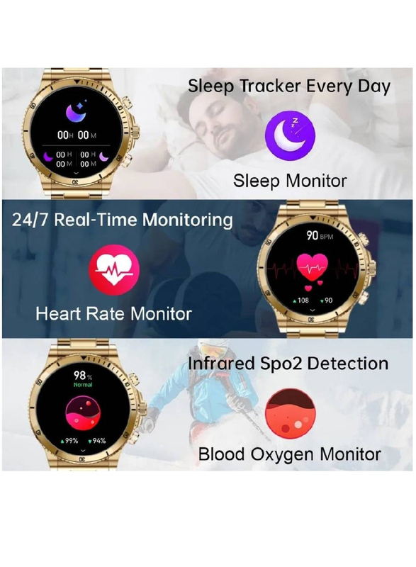 Smart Activity with Heart Rate Blood Pressure Sleep Monitor Bluetooth Call IP67 Waterproof Smartwatch, Gold