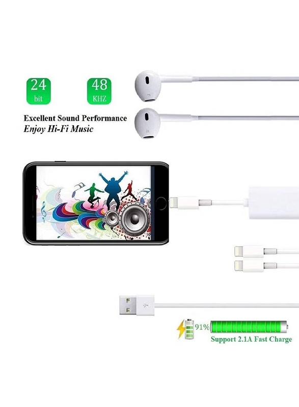 Gennext 2 in 1 Dual Lightning Headphone Audio & Charge Cable, Lightning to Lightning Cable for iPhone/iPad/Support Sync Data/Music Control/Call, White