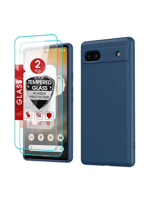 

Generic Google Pixel 6A 2+1 Protective Liquid Silicone Slim Silky Soft Mobile Phone Back Case Cover With 2 Pack Tempered Glass Screen Protector, Blue