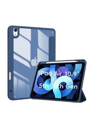 Hyx Apple iPad Air (5th/4th Gen) 10.9" Trifold Protective Smart Tablet Case Cover with Pencil Holder & Clear Transparent Back Shell, Blue