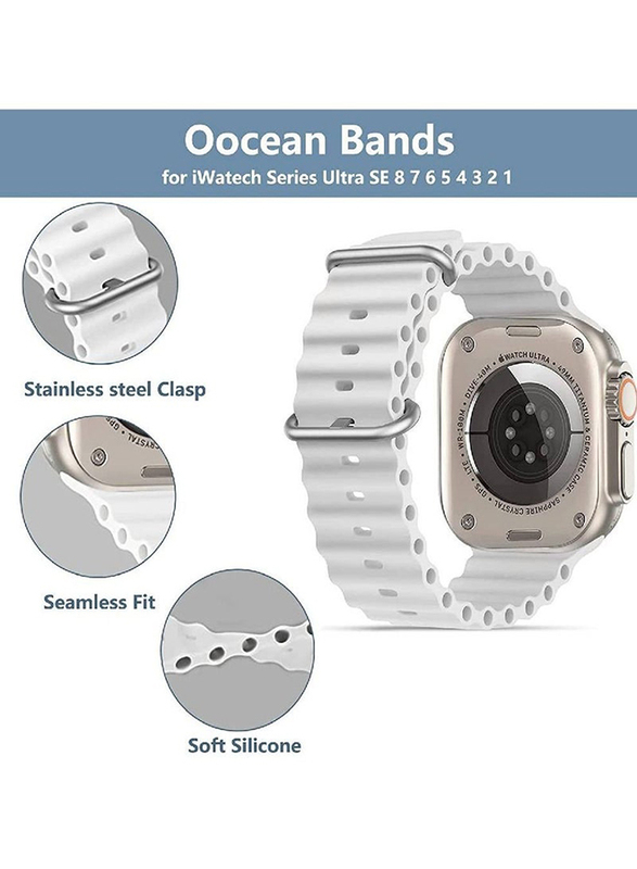 Gennext Ocean Soft Silicone Wristband Sport Replacement Bands with Adjustable Stainless Steel Buckle for Apple Watch 42/44/45/49/iWatch Ultra Series 8/7/SE/6/5/4/3/2/1, White