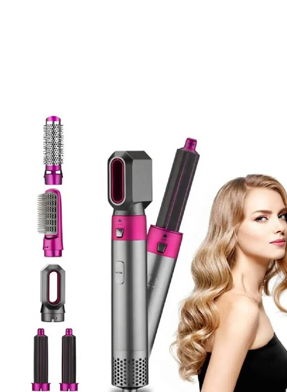 Gennext 5-in-1 Hot Air Hair Dryer Comb with Dual-Purpose Automatic Hair Styling Curling Iron, Grey/Pink