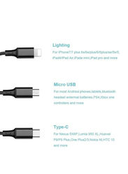 Nylon 3 in 1 Fast Charging Cable for Type-C Micro & iPhone Pins Smart Charge 3 Port Data Charging Cable, Black