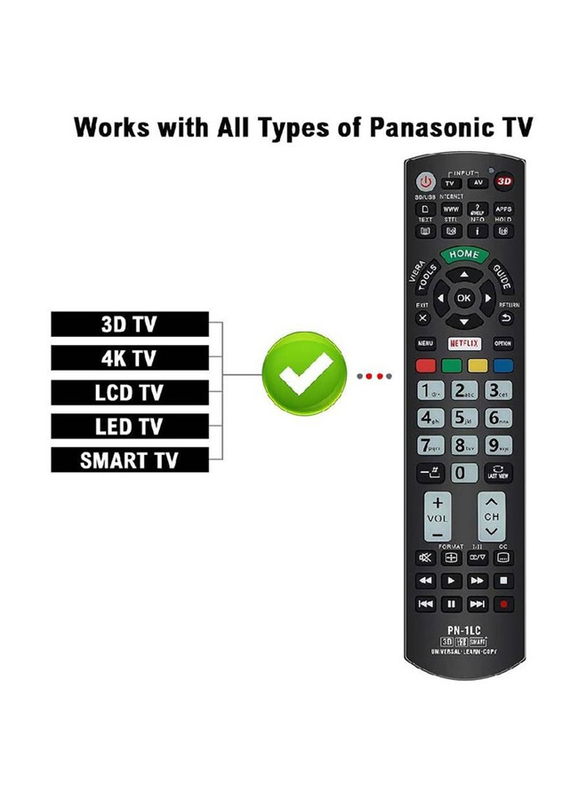 Gennext Universal Replacement Remote Control PN-1LC Compatible for Almost All Panasonic-Remote-Control LCD LED 3D Smart 4K Ultra HD TV with Netflix, Black