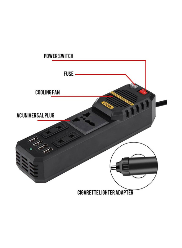 200W Power Inverter, DC 12V to AC 220V Car Power Inverter with 4 USB Port Cigarette Lighter, Black