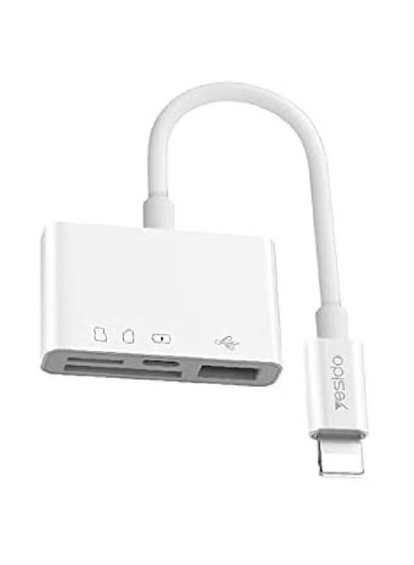 Yesido One Size 4-in-1 Multiple Types TF SD USB OTG Card Reader Adapter, Dual Lightning Male To Multiple Types for Apple iPhone and iPad, White