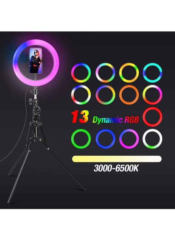 Gennext 10 Inch 360 Degree Full Colour 13 Dynamic RGB + 13 Static RGB + 3 Daily Colours RGB Ring Light with Adjustable Tripod Stand & Cell Phone Holder for Shooting/Live Stream/Video/Black