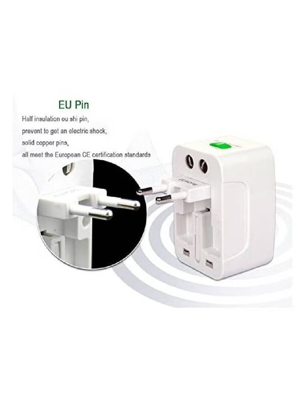 Universal Travel Adapter with Dual-USB Charging Ports, White