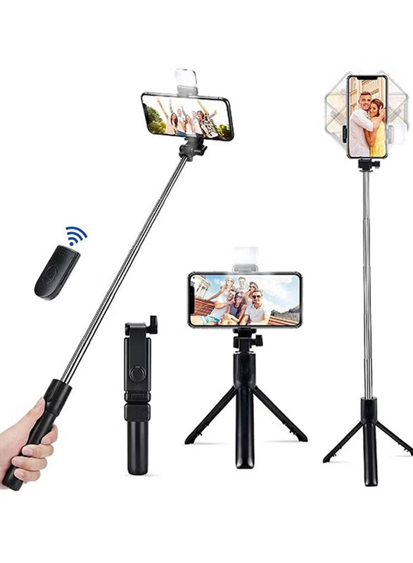 

Gennext 360 Degree Rotation Extendable Bluetooth Selfie Stick Tripod with Remote Control and Fill Light for Android/iOS and Other Smartphones, Black