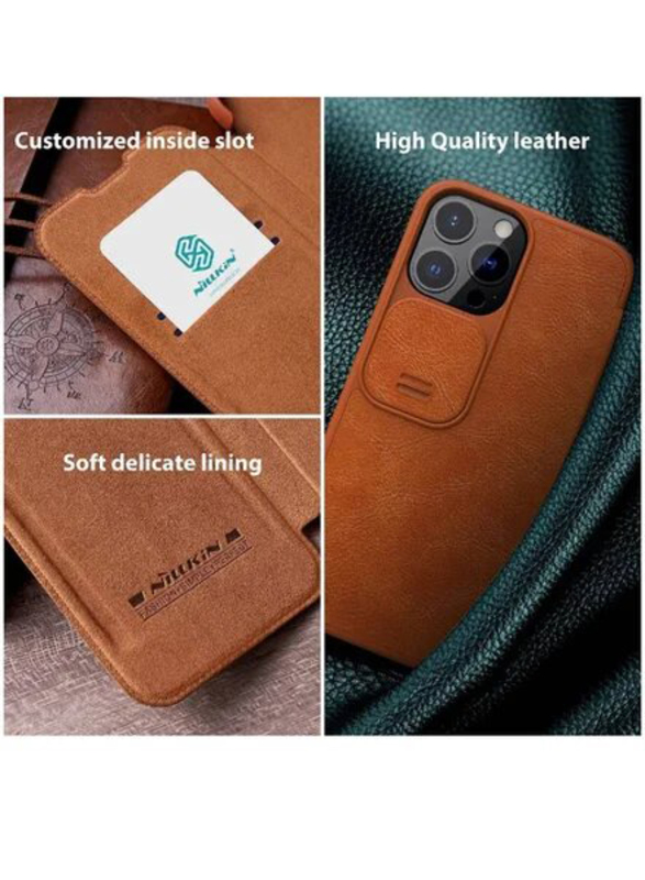 Nillkin Apple iPhone 13 Pro Max Qin Pro Flip Leather Wallet with Card Holder & Slide Camera Protection Mobile Phone Case Cover, Brown