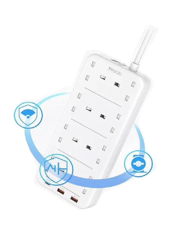 Yesido PD and QC Fast Charging Power Socket Wall Charger with 8 AC USB Ports, 2 Meter, White