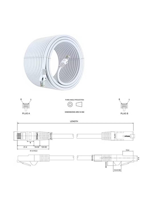 Gennext 40-Meters Full Copper Cat 6 Gigabit Ethernet Cable, Cat6 Gigabit Ethernet Adapter to Ethernet for Networking Devices, White