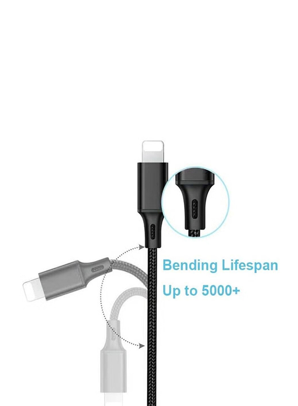 Nylon 3 in 1 Fast Charging Cable for Type-C Micro & iPhone Pins Smart Charge 3 Port Data Charging Cable, Black