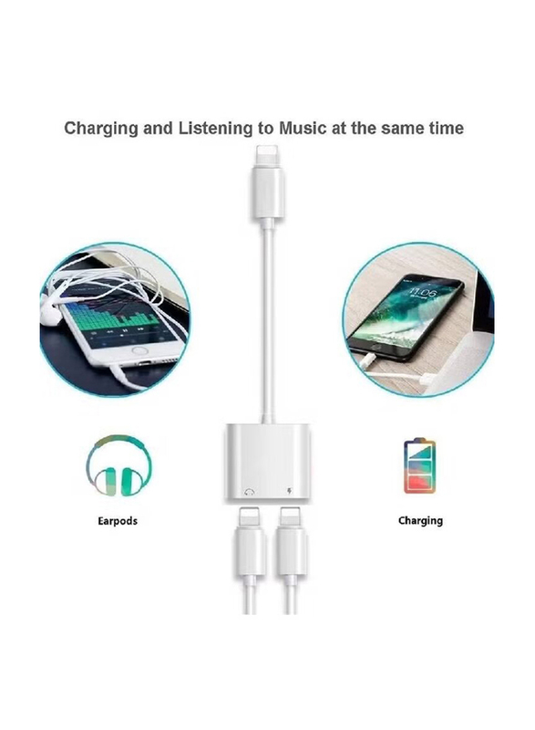 Gennext One Size 2-in-1 Dual Lightning Aux Audio Adapter Converter Cable, Fast Charging Lightning Male to Lightning, Charger Splitter for Apple iPhones, White