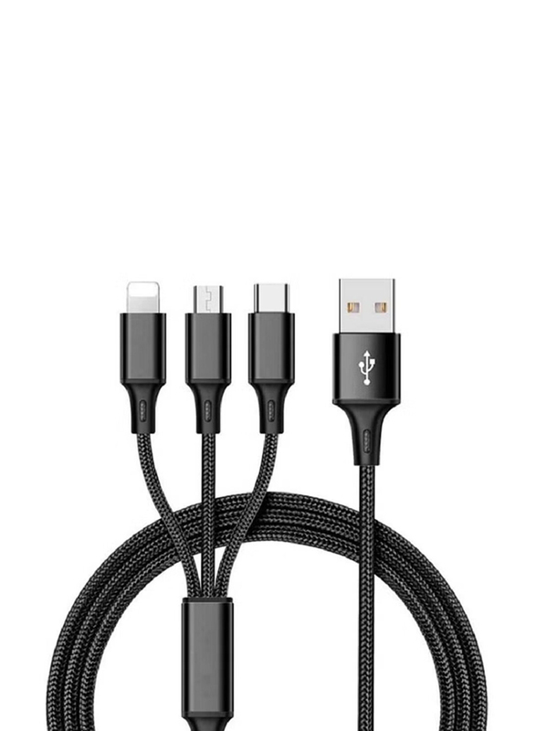 Gennext Nylon Braided 3 in 1 Fast Charging Cable, Micro-A USB to Multiple Types for iPhone/Samsung/Huawei/Oppo/Tables, Black