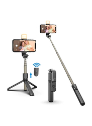 Gennext Selfie Stick with Tripod Stand & Selfie Stick with Dimmable LED Light & Detachable Wireless Bluetooth Remote, Silver/Black