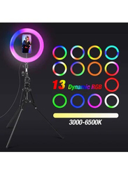 Gennext 10-inch 360° Full Color 13 Static Dynamic RGB Ring Light + 3 Daily Colors Selfie Ring Light with Adjustable Tripod Stand & Cell Phone Holder for Shooting & Live Stream, Black