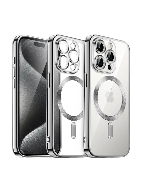 Apple iPhone 15 Pro Max Camera Lens Full Protection With MagSafe Wireless Charging Electroplated Shockproof Soft TPU Mobile Phone Case Cover, Silver