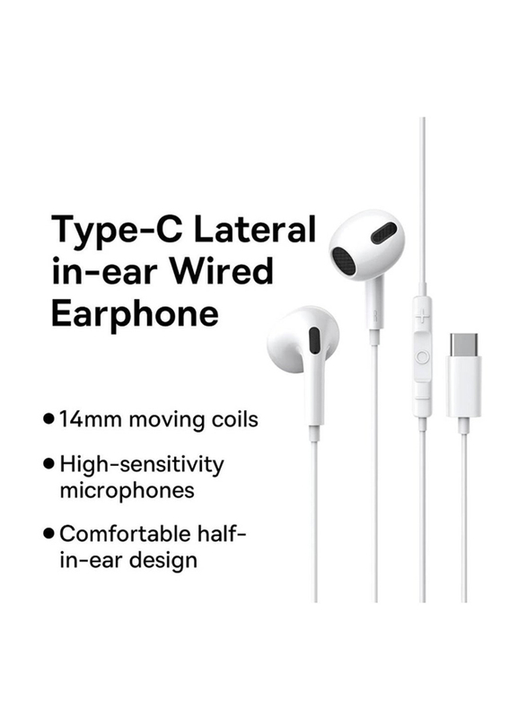 USB Type-C Wired In-Ear Earphones with Microphone and Volume Control for iPhone 15 Series, White