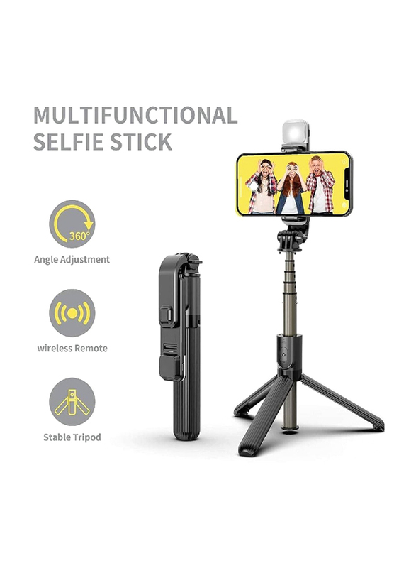 Gennext Selfie Stick with Tripod Stand & Selfie Stick with Dimmable LED Light & Detachable Wireless Bluetooth Remote, Silver/Black