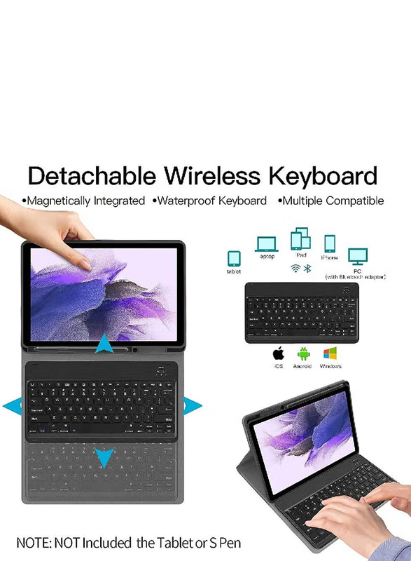 Gennext Detachable Wireless English Keyboard Tablet Case Cover for Samsung Galaxy Tab S8+ S7 FE S7+ 12.4 Inch, Black