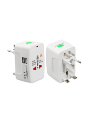 Universal Travel Adapter with Dual-USB Charging Ports, 2 Pieces, White