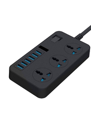 Gennext Universal Power Strips Wall Charger with 3-Way Outlets and 6-USB Plug Ports, 2 Meter, Black
