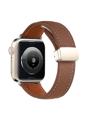 Leather Folding Metal Buckles Replacement Band Strap for Apple Watch Series Ultra 49mm SE/7/8/6/5/4/3/2/1 42mm/44mm/45mm, Brown