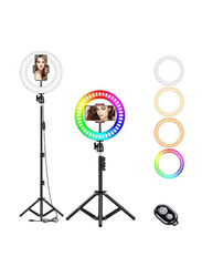 Gennext 10 Inch RGB LED Selfie Ring Light with Tripod Stand & Cell Phone Holder for Live Stream/Make Up/YouTube/TikTok/Photography/Video Recording, Multicolour