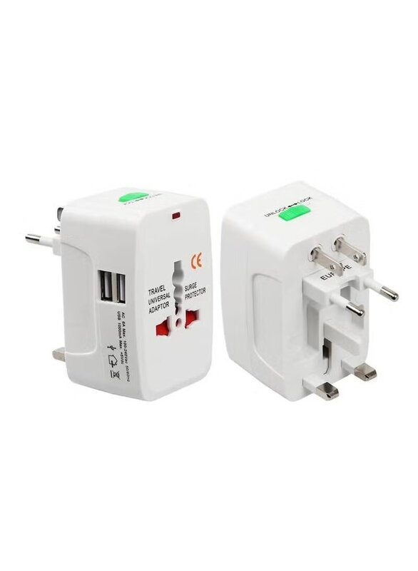 Universal Travel Adapter with Dual-USB Charging Ports, White