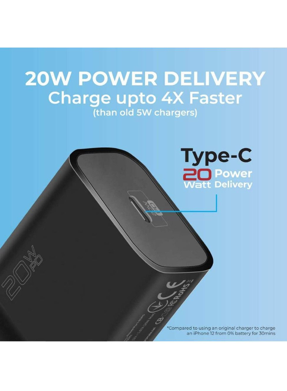 20W USB Type-C Power Delivery Ultra-Compact Fast Adapter for Apple iPhone 12/12 Mini/12 Pro/12 Pro Max/iPad Pro, Black