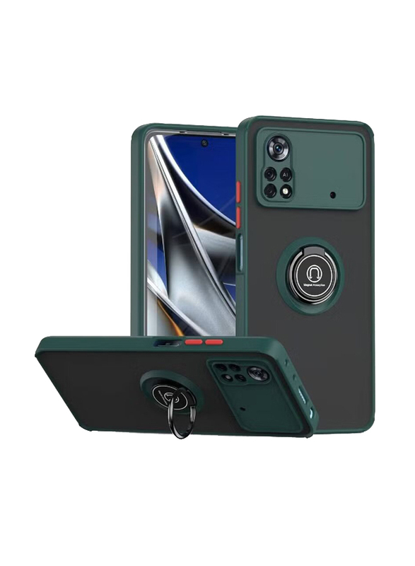 Gennext Xiaomi Poco X4 Pro 5G Soft Bumper Hybrid Protective Mobile Phone Case Cover with Ring Holder, Green/Black